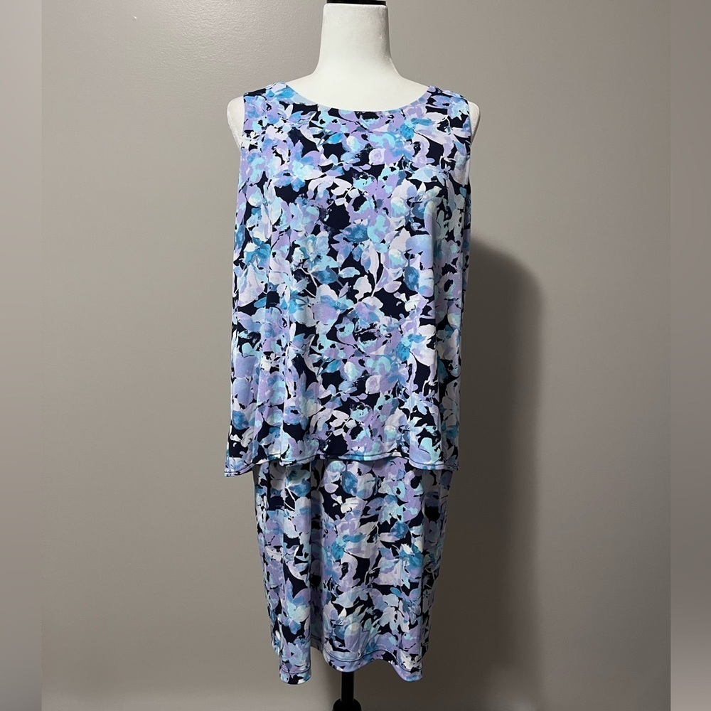 Chico’s Ellie Knee-Length Layered Sleeveless Dress Blue and Purple Floral Print
